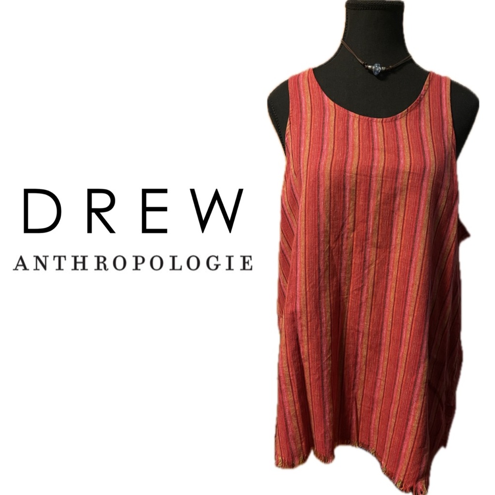 NWT Drew Anthropologie Linen Boho Striped Raw Hem Magenta Multi Tank Top Size L